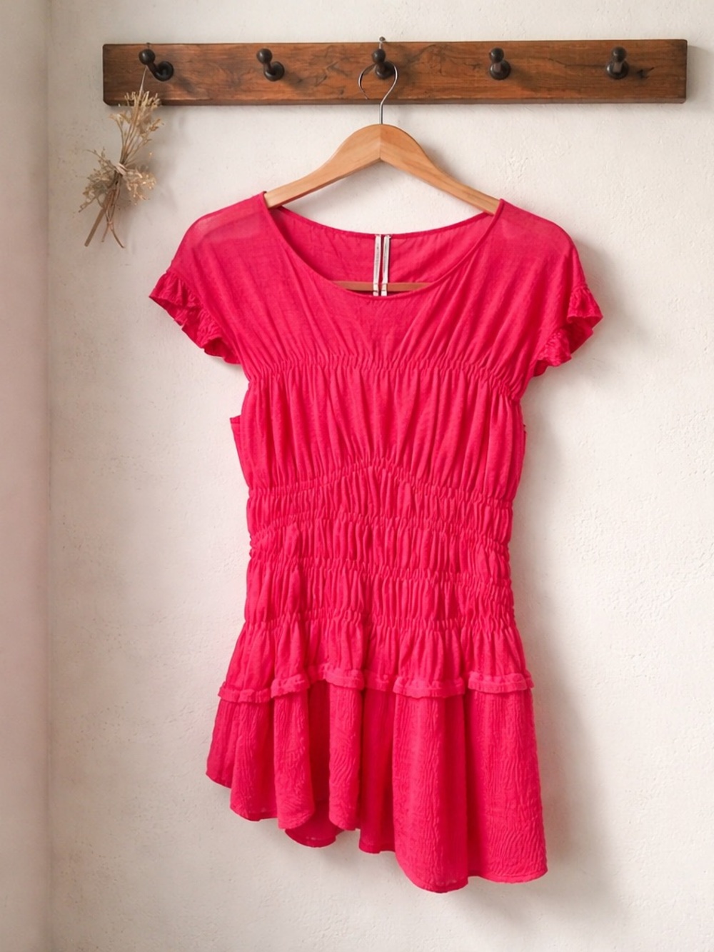 Anthropologie Bright Pink Ruched Short Sleeve Peplum Tunic